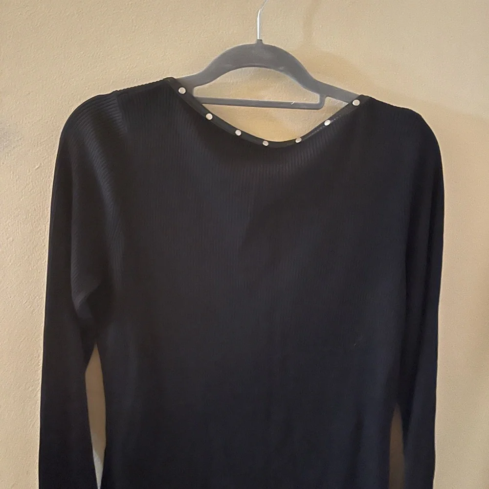 August Silk Black Ribbed Long Sleeve Top with Embellished Neckline - Picture 3 of 4